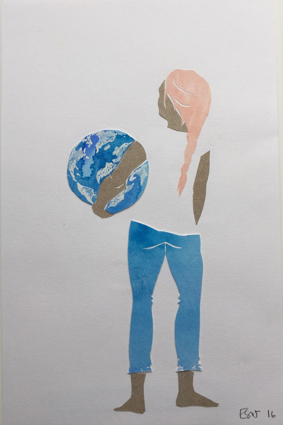 An art piece made from cut paper depicting a woman with red braided hair facing away. She holds the earth on her left hip.