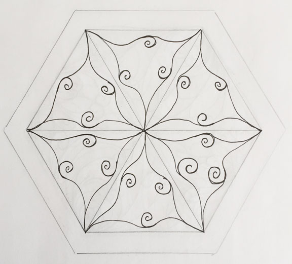 Hand drawing in black ink of a swirling quilting motif inside a hexagon